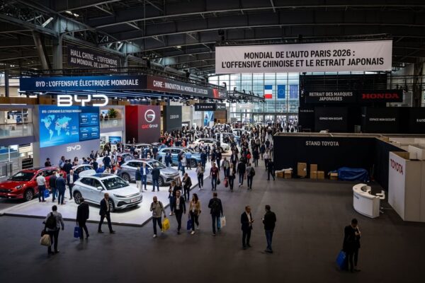 Des stands de constructeurs automobiles au Mondial de l'Auto à Paris.
