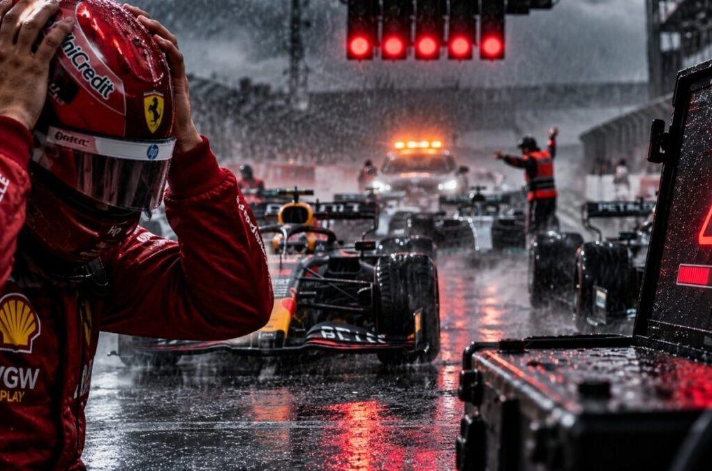 Des monoplaces de F1 sur la piste de Sepang sous la pluie.