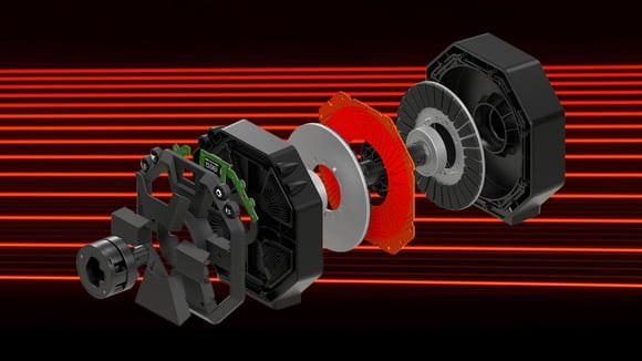 Le Thrustmaster T598 illustré, équipé d'un moteur électrique à flux axial.