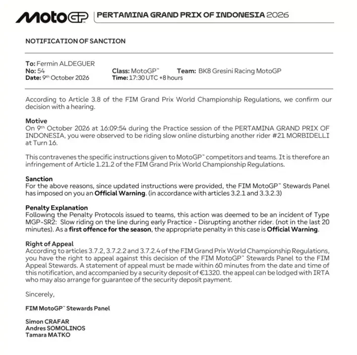 Aldeguer averti par les commissaires pour avoir gêné Morbidelli lors des essais MotoGP en Indonésie.