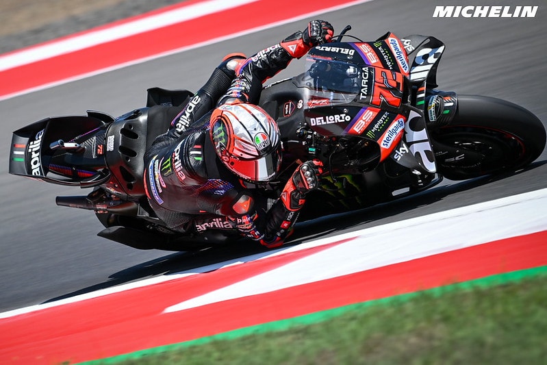 Marco Bezzecchi au guidon de son Aprilia RS-GP lors du GP d’Indonésie à Mandalika.
