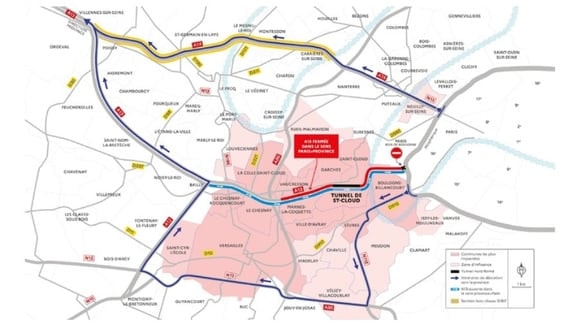 Carte des deux itinéraires de déviation vers l’ouest francilien depuis le boulevard périphérique.