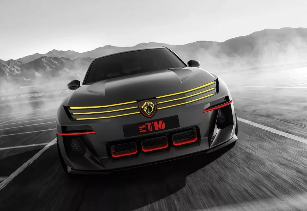 Le Peugeot E-T16 Concept, prototype électrique dont la silhouette préfigure le style de la prochaine E-208.