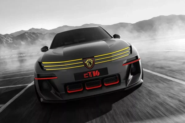Le Peugeot E-T16 Concept, prototype électrique dont la silhouette préfigure le style de la prochaine E-208.