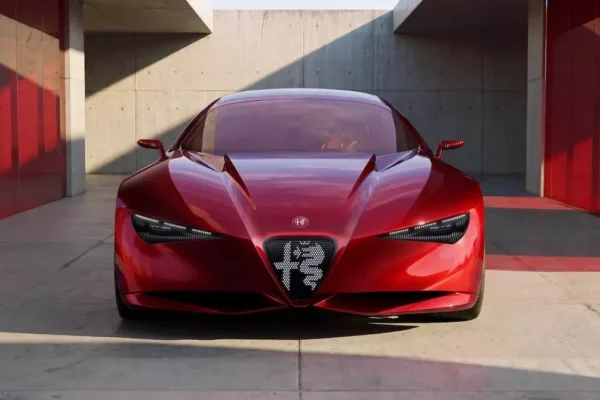 Le concept Alfa Romeo Cuorerosso présente une carrosserie rouge aux proportions de coupé sportif.