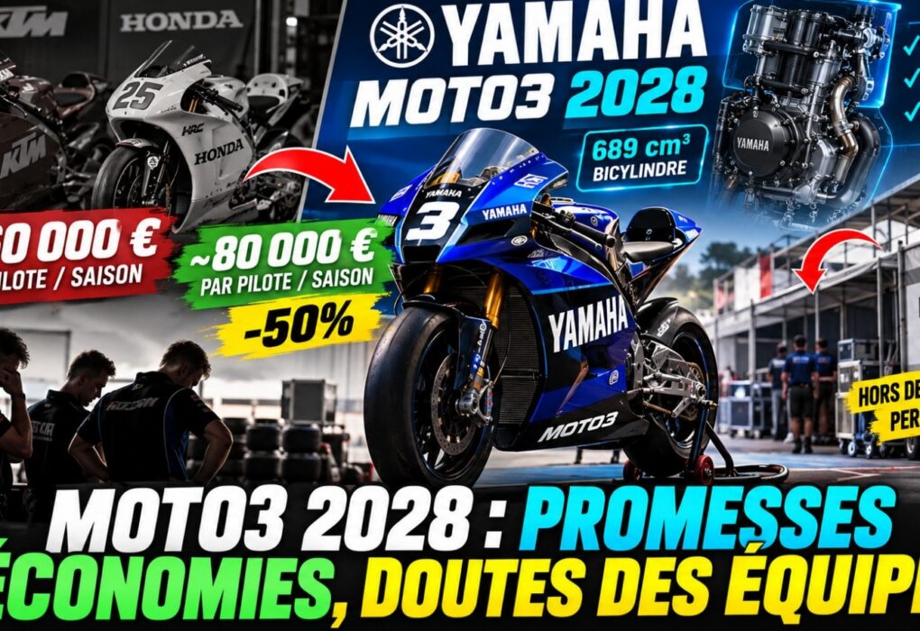 Des motos de Moto3 dans le paddock d'un Grand Prix.