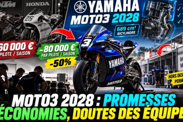 Des motos de Moto3 dans le paddock d'un Grand Prix.