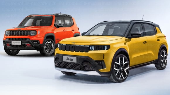 Le Jeep Renegade actuel et une illustration de son remplaçant, attendu en 2030.