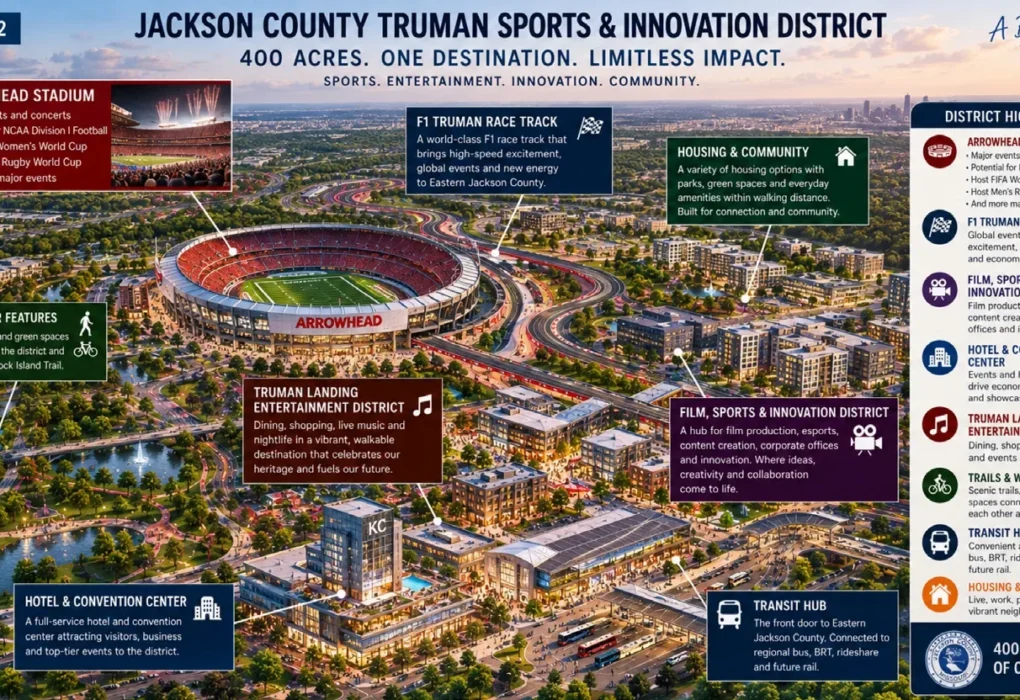 Vue du concept de reconversion du Truman Sports Complex à Kansas City, avec un tracé automobile autour du stade Arrowhead.