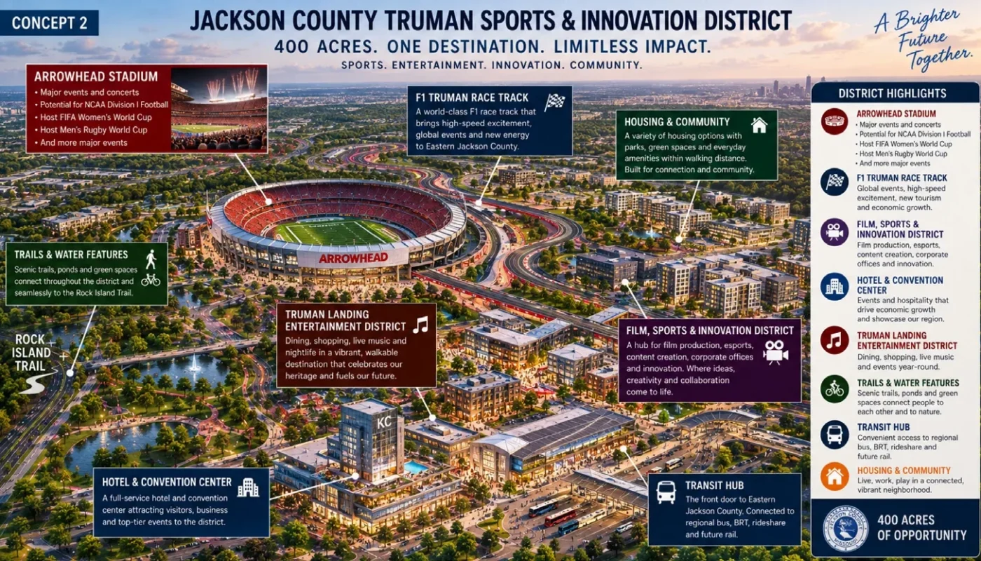 Vue du concept de reconversion du Truman Sports Complex à Kansas City, avec un tracé automobile autour du stade Arrowhead.