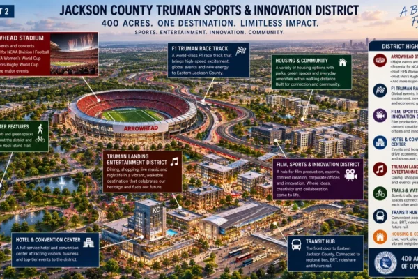Vue du concept de reconversion du Truman Sports Complex à Kansas City, avec un tracé automobile autour du stade Arrowhead.