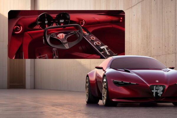 Console centrale du concept Alfa Romeo Cuorerosso avec le Magma Display et ses molettes physiques.