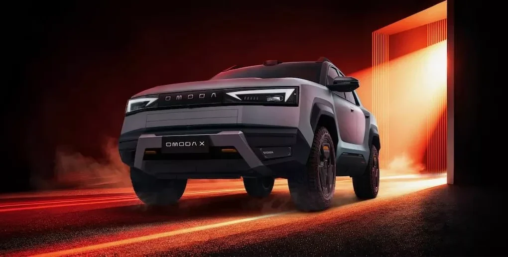 Le grand SUV Omoda X au design géométrique et à la signature lumineuse futuriste.