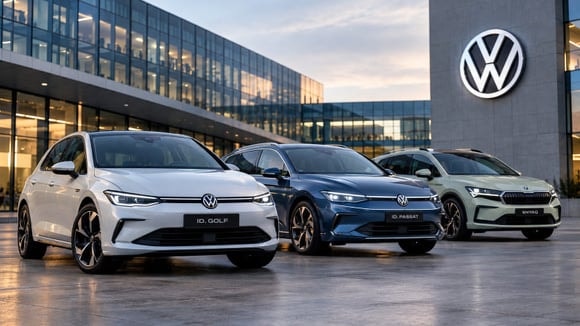 Les futures ID. Golf et ID. Passat, ici représentées par une illustration générée par IA aux côtés du Škoda Enyaq, pourraient adopter une architecture électronique développée en Chine avec Xpeng.