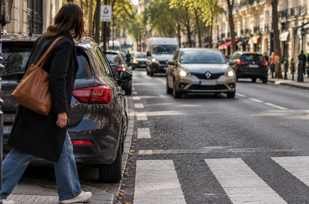 Un passage piéton dans une rue parisienne avec des places de stationnement à proximité.